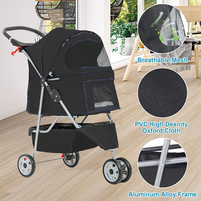 BestPet 3 Wheels Pet Dog Stroller Cat Cage Jogger Stroller Cats Travel Folding Carrier Waterproof with Cup Holder & Removable Liner,Black
