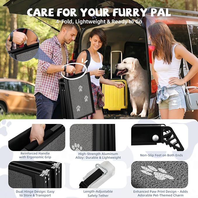 Upgraded Dog Ramp for Car 71" X-Long & 19.7" Wider Portable Dog Ramps for Large Dogs Non Slip Rug Surface Extra Wide Steps for SUV Car and Truck Folding Pet Ramp Supports Up to 270LBS