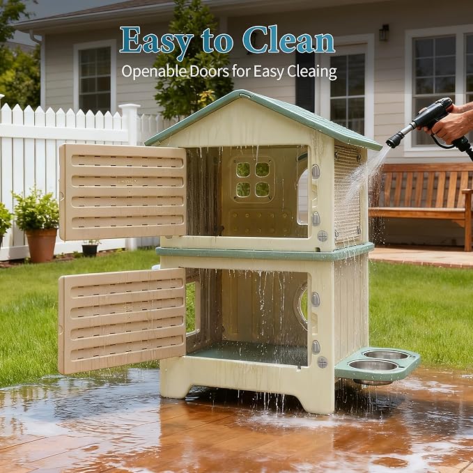 Cat House Outdoor Weatherpoof Plastic Cats Houses 2-Story | with Elevated Cat Bowls, Cat Scratch Pads and Escape Door, Indoor Waterproof Feral/Pet Cat Shelter Outside for Multiple Cats