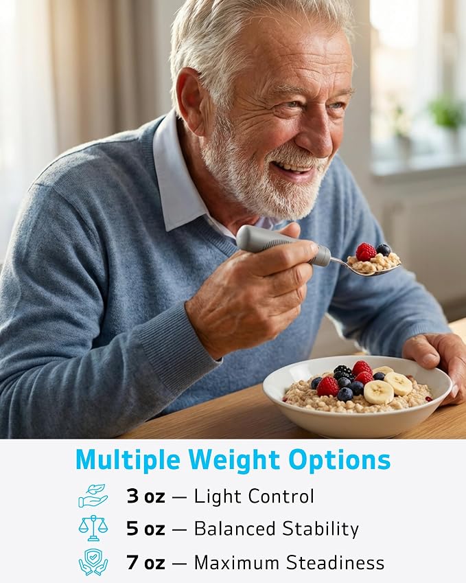 Adaptive Utensils 4-Piece Set | Weighted Silverware for Hand Tremors & Parkinson's | 42° Angled Rocker Knife & Shovel Spoon | 140g Weighted Utensils for Arthritis, Elderly (Grey,