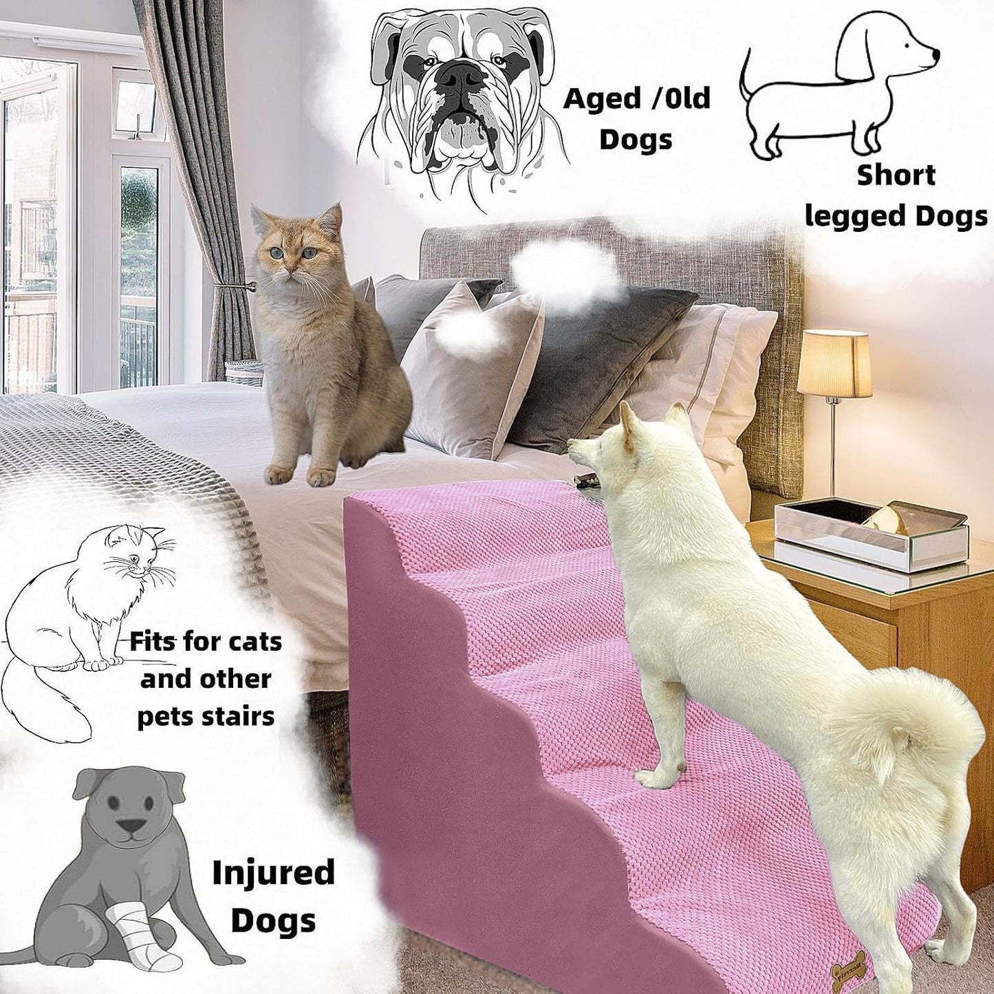Dog Stairs & Pet Ramp for Small/Large Dogs to High Beds/Couches - 5 Steps 24-inch Height for 18-30 inch Furniture, 2 Washable Covers (Pink, Grey), Non-Slip Balanced 33D Design for Old Dogs & Cats