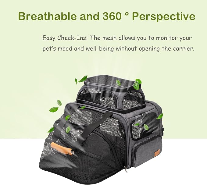 Expandable Pet Carrier Bag - Airline-Approved, Breathable Mesh, Secure Zippers, Padded Handle & Multi-Pockets (Light Grey)