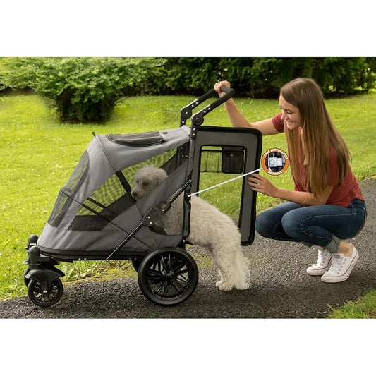 Pet Gear NO-Zip Pet Stroller with Dual Entry, Push Button Zipperless Entry for Single or Multiple Dogs/Cats, Pet Can Easily Walk in/Out, Gel-Filled Tires, Pebble, Excursion