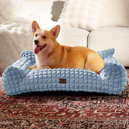 Dog Bed for Medium Dogs – Cute Fluffy Pet Sofa with Faux Rabbit Fur,Supportive Dog Couch Beds, Washable Cover in 3D Diamond Pattern, 36 Inch Light Blue
