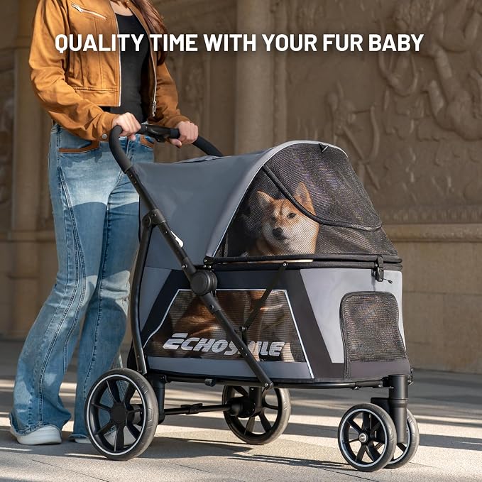 EchoSmile Dog Stroller for Medium & Small Dogs, Foldable Pet Stroller with 3 Wheels & Brakes, All-Terrain Cat Dog Carrier with Breathable Mesh, Safety Leash and Storage Pocket, Gray