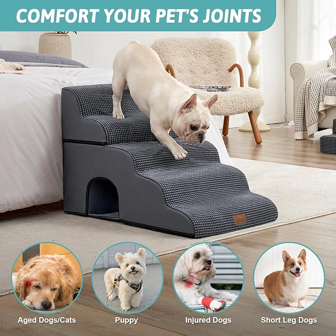 Extra Wide Dog Stairs with Tunnel, Detachable Large Pet Step for Small Medium Dog, Puppy or Cat, Ramp for High Bed, Couch, Sofa or Car, Stable, 19.7x33x22.4 inch, 5 Step, Charcoal Grey