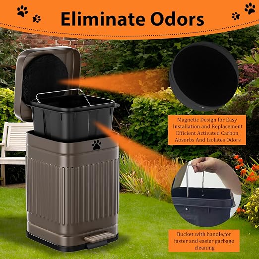Dog Poop Trash Can Outside - 5L/1.3Gal Small Trash Can with Lid, Brown | Outdoor Dog Poop Trash Can with 40 Bags, Pedal, Removable Inner Bin, Metal Dog Waste Trash Can with Soft Close, Odor Control