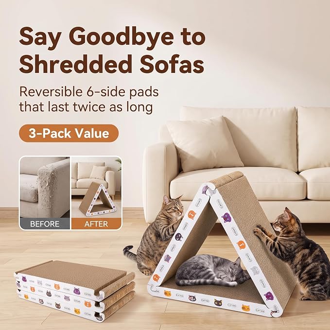 CATISM Cat Scratcher Cat Scratching Board - Foldable - Triangle, 6 Usable Sides Scratchers for Indoor Cats, Durable Recyclable Cats Cardboard Vertical(Pack of 3) | Durable recycled cardboard, non-toxic, easy assembly, 6 usable sides, with organic catni...