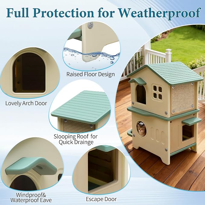 Cat House Outdoor Weatherpoof Plastic Cats Houses 2-Story | with Elevated Cat Bowls, Cat Scratch Pads and Escape Door, Indoor Waterproof Feral/Pet Cat Shelter Outside for Multiple Cats