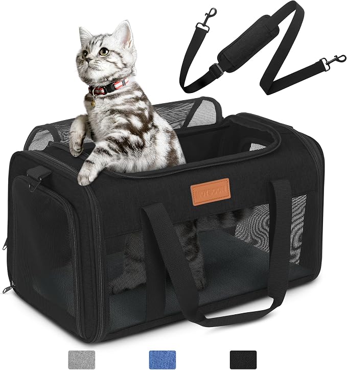 PETUX Airline Approved Pet Carrier for Small Cats up to 12 lb, Black | 17x11x9.5 in, Underseat, Top & Side Entry, Soft Sided Cat Carrier with Breathable Anti-Scratch Mesh for Travel & Vet
