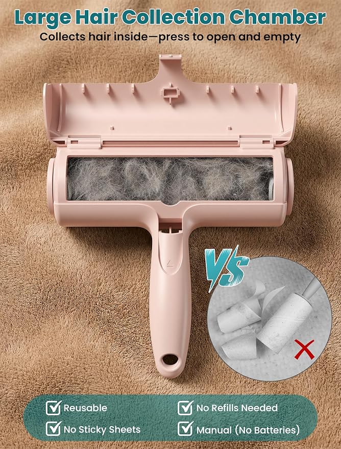 DELOMO Pet Hair Remover Roller: Reusable Lint Roller with Large Fur Bin - Portable Cat and Dog Hair Remover for Couch, Bedding, Car, Rugs & Furniture, Effective and Eco-Friendly, for Multi-Pet Homes