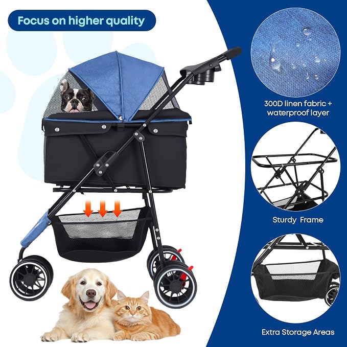Pet Stroller,Dog Stroller for Small Medium Dogs Cats,3 Wheels,Foldable,with Breathable Mesh Canopy,Cup Holders,Easy Assembly (Blue+Black)