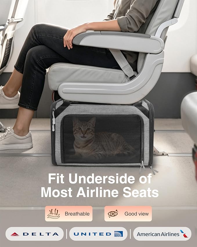 Expandable Cat Carrier Bag,Airline Approved Expandable Soft-Sided Pet Carrier(16"x 11"x 11") with Removable Pad,for Cats 12lbs,(Grey Black).