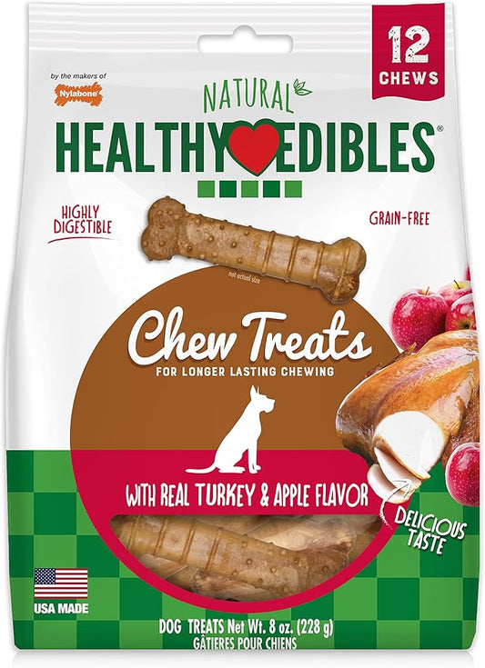 Nylabone Healthy Edibles Natural Dog Chews, Long Lasting Bones for Dogs, Turkey & Apple Flavor Dog Treats, X-Small (12 Count)