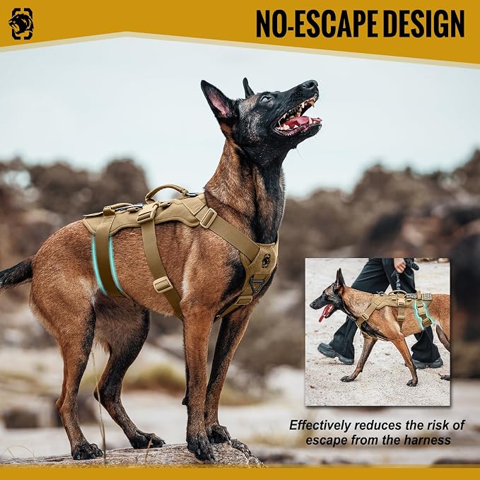 OneTigris Escape Proof Dog Harness, No Pull Dog Harness with Handles, Tactical Multi-Use Support Dogs Harnes for Large Dogs Everyday Wear Walking Hiking Training (Brown, Medium)