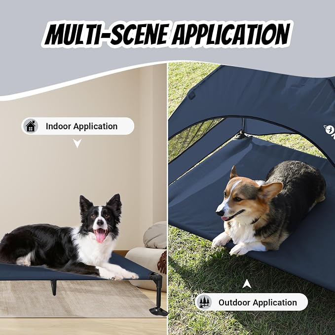 KINGROCK Elevated Dog Bed with Removable Canopy Portable Outdoor Pet Cot Waterproof 600D Oxford Fabric Anti Slip Feet for Large Dogs Camping Beach Indoor and Outdoor Use