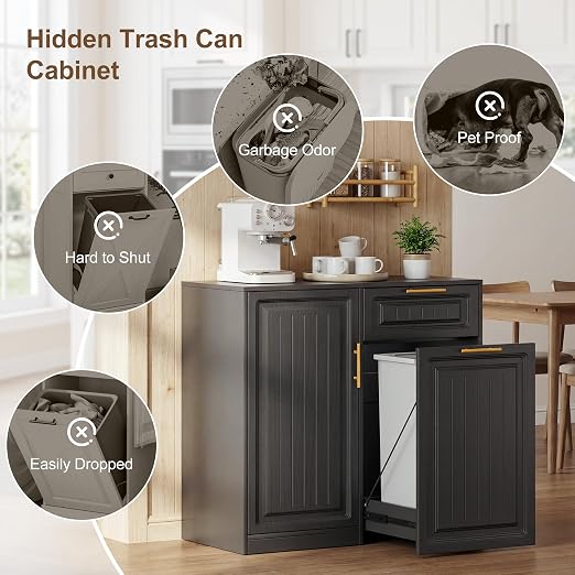 ZIFTY Pull Out Trash Can Cabinet with Storage, 13 Gallon Trash Can, Black | Pet Proof, Freestanding Kitchen Cabinet, Drawer & Adjustable Shelf, Garbage Recycling, Modern Farmhouse Waste Bin Furniture