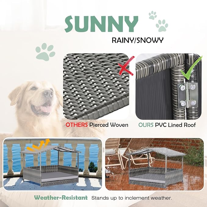 Outdoor Wicker Dog Bed with Canopy, Indoor HDPE Rattan Dog House, Raised Dog Cot Pet House, Elevated Pets Sofa w/Washable Cover, Waterproof Roof Shelter, Removable Cushion Lounge