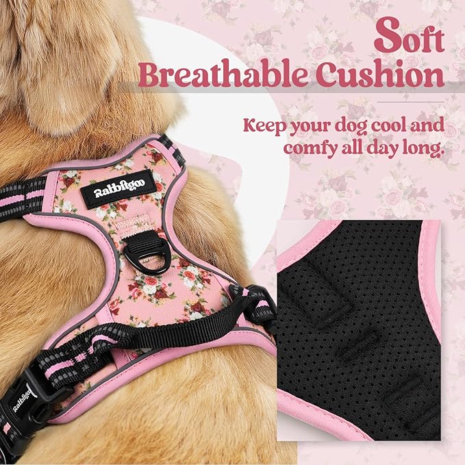 rabbitgoo Dog Harness, No Pull Medium Sized with 2 Leash Clips, Pet Vest | No Choke with Handle, Adjustable Soft Padded, Reflective, Easy Control for Walking, Pink Rose, Medium