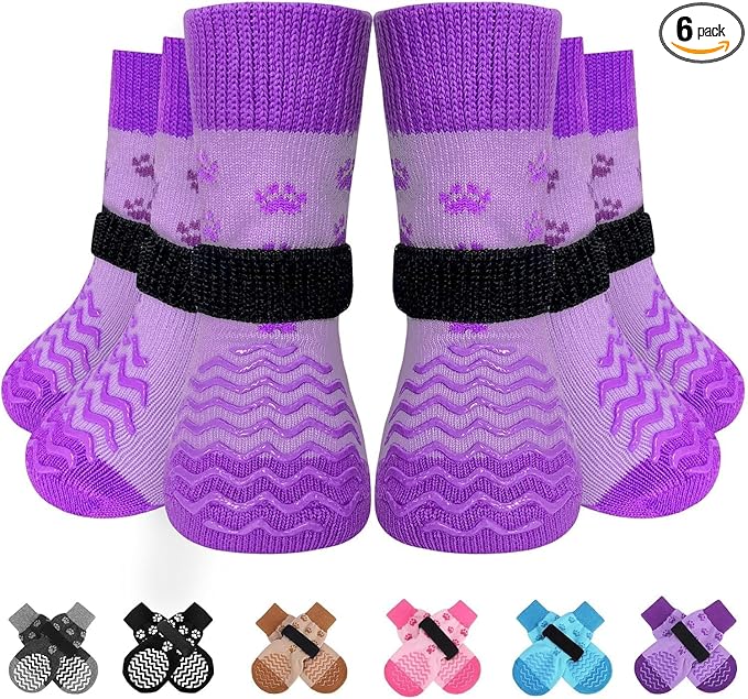 EXPAWLORER 6Pcs Anti Slip Dog Socks to Prevent Licking Paws, Dog Shoes for Hot Pavement Double Sides Dog Boots & Paw Protectors Booties for Hardwood Floors with Grippers Small Medium Large Senior Dogs