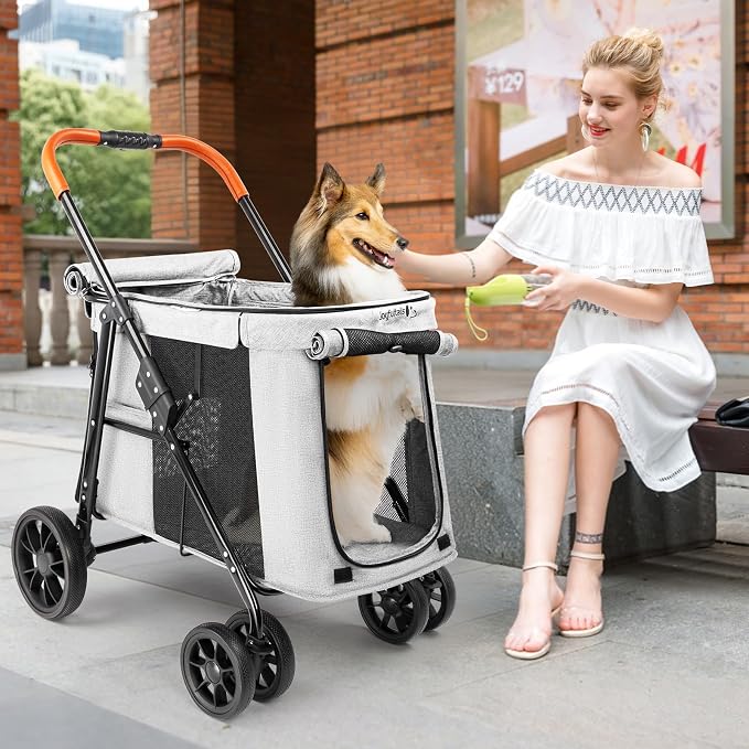 Pet Stroller for Large & Medium Dogs up to 70 lbs, 4-Wheel Extra Large Dog Stroller with 3-Way Entry & Sunshade, Heavy Duty Puppy Wagon with One-Click Folding, All-Terrain & Ventilated, Gray