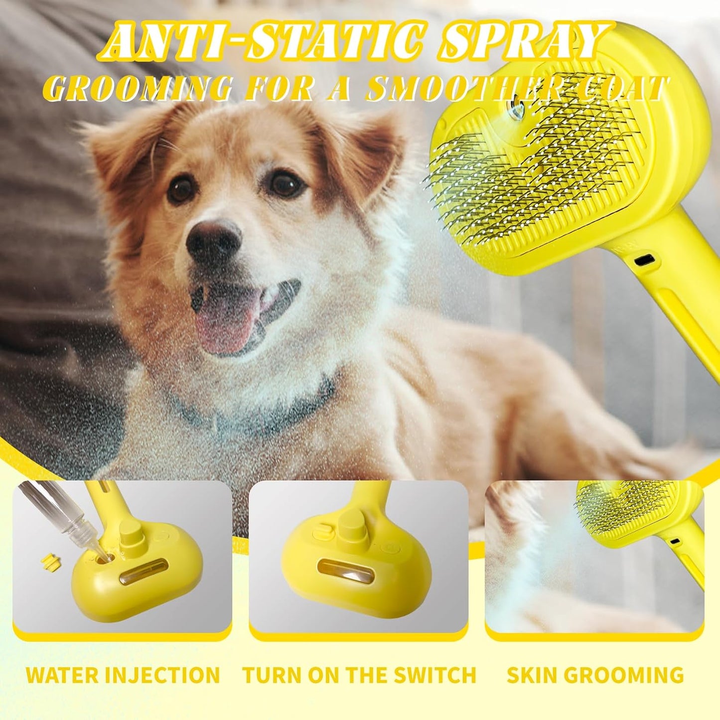 QOQ Self-Cleaning Spray Cat Brush for Shedding, Removes Static Flying Hair, and Works Wonders for Both Long and Short-Haired Pets 2 In 1 Cleaning Brush for Cats And Dogs Grooming (Yellow)