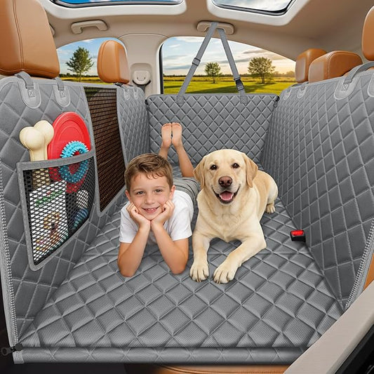 URPOWER Backseat Extender for Dogs - Hard Bottom Dog Car Seat Cover for Back Seat, Dog Hammock for Car and SUV, Pet Rear Seat Protector Dogs Travel Bed with Mesh Window & Side Flaps