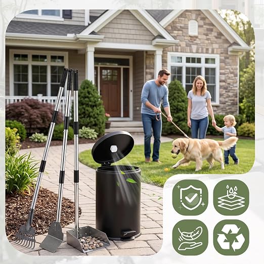 Lounsweer Dog Poop Trash Can Outside, 20L/5.3 Gallon Stainless Steel Dog Waste Can with Foot Pedal, Removable Inner Bucket, 3-Piece Pooper Scooper Set, 6 Activated Carbon Filters & 50 Waste Bags