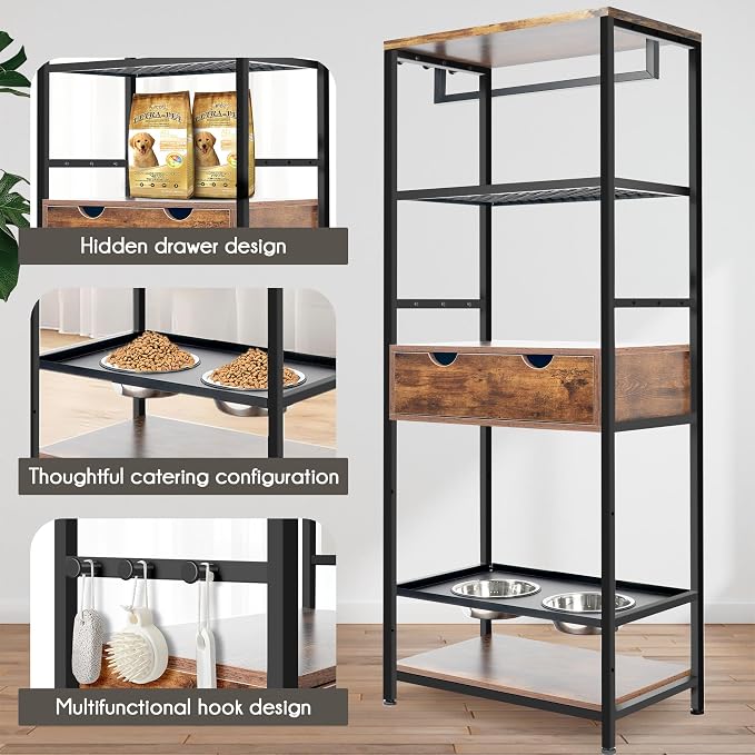 Dog Feeding Station Storage Furniture Shelves with Drawer, 3 Levels Height Adjustable Raised Dog Bowls