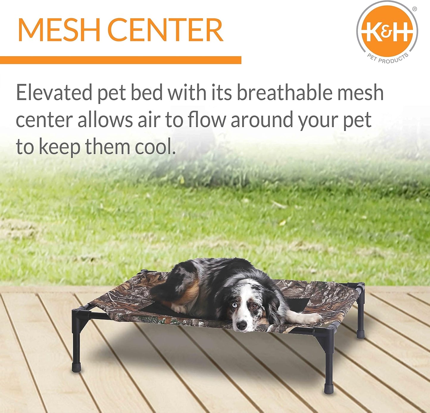 K&H Pet Products Outdoor Elevated Dog Cot, Breathable Cooling Elevated Cot Hammock Pet Bed for Medium Dogs, Washable Mesh Cover, Raised Metal Frame, Collapsible, Portable - Medium 32 X 25in Camo
