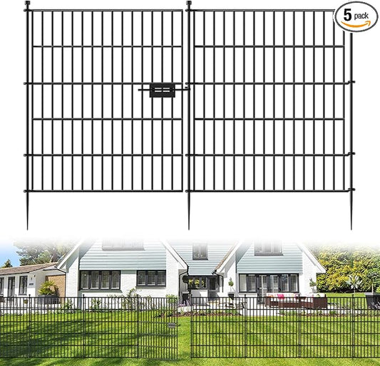5 Panels No Dig Decorative Outdoor Garden Fence with Gate for Yard, 32 in(H) X 11.8 ft(L) Animal Barrier Fencing Rustproof Metal Wire Panel Border for Dog, Rabbits, and Patio Temporary Ground Stakes