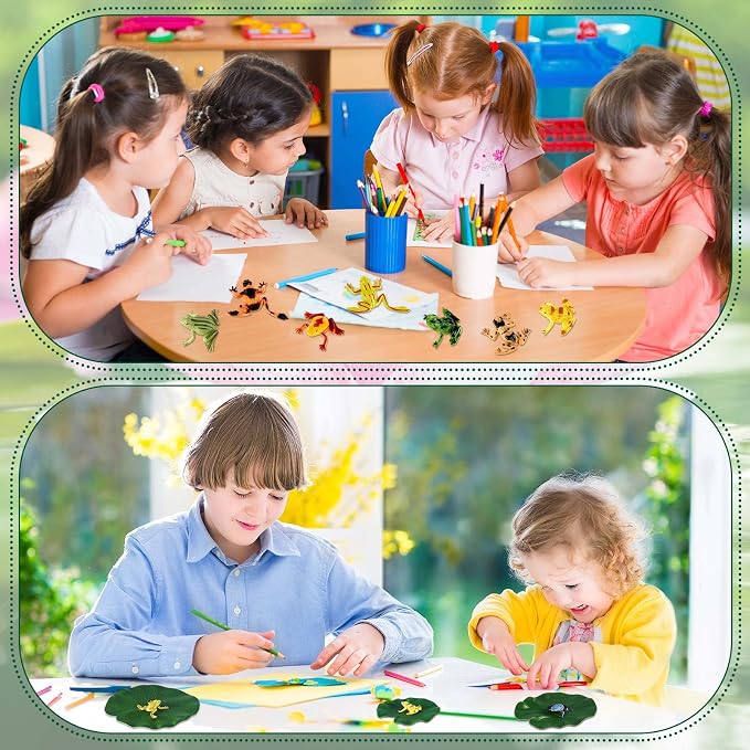 Hungdao 24 Pieces Mini Plastic Frog Toys & Artificial Lily Pads, Include Colorful Realistic Frogs Rainforest Animals Pond Toys & Floating Foam Leaves for Kids Sensory Bin Water Table Pool Cake Decor