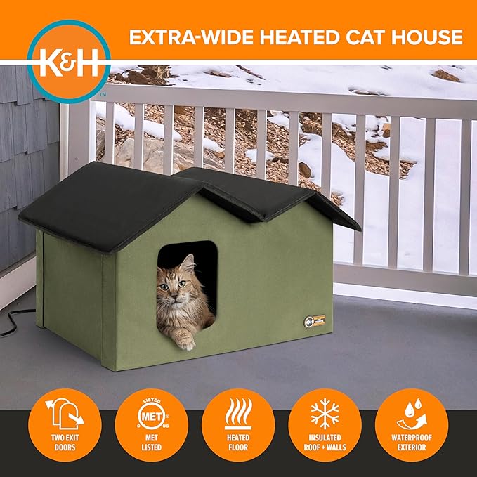K&H Heated Cat House, Outdoor Extra-Wide Kitty House, Safety Listed, 20W | Heated Cat House for Outside, Weatherproof Shelter for Ferals, Insulated Shelter, 2 Doors, Waterproof Kitty Bed, Olive