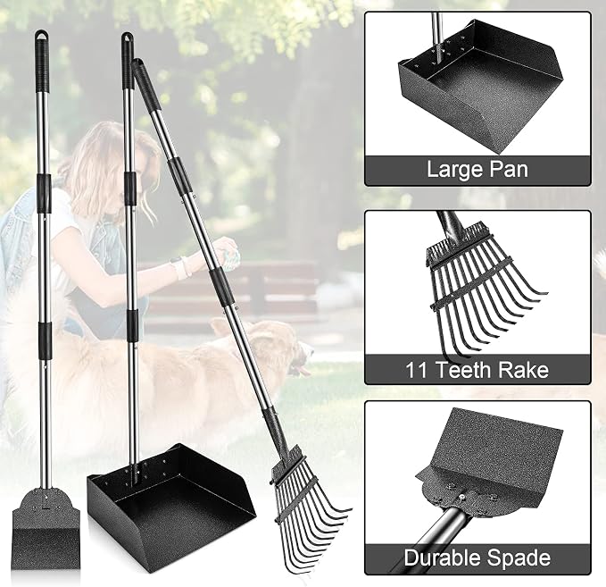 Petrip Large Pooper Scooper, Detachable Long Handle Poop Scooper for Large Medium Dog, Metal Dog Pooper Scooper with Rake Tray Spade, Easy Pick Up, Suitable for Lawn, Soil and Gravel