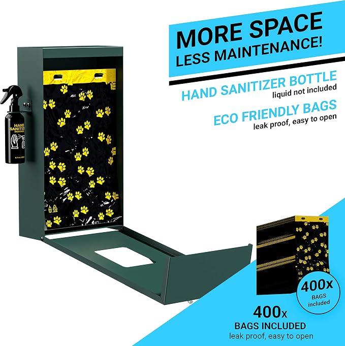 EMMA + OLIVER Locking Dog Waste Bag Dispenser | Locking Dispenser, Glow in the Dark Sign, Hand Sanitizer Bottle and Rain Guard, 400 Pull Out Header Bags Included