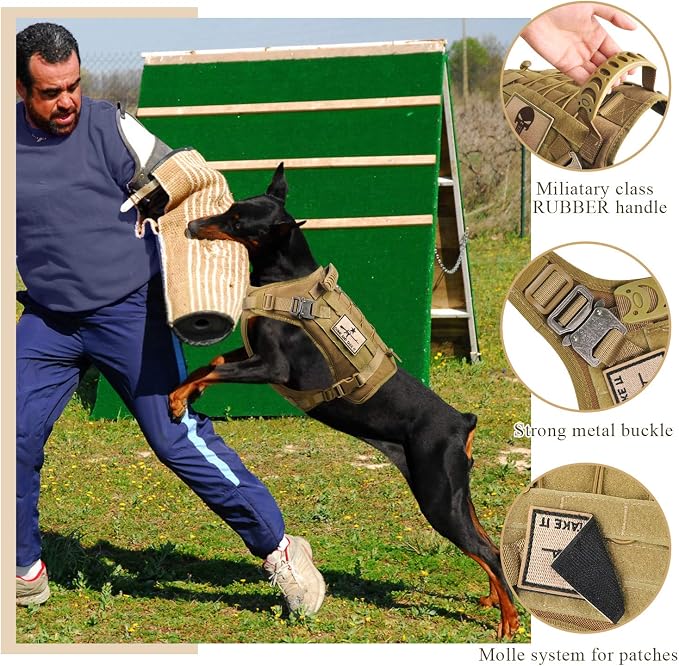 Tactical Service Dog Vest Harness K9 Military Molle Dog Vest for Outdoor Training Pet Harness with Rubber Handle & Metal Buckle (XL=(Neck 21.5"-24.5")(Chest 28.4"-30"), Khaki)