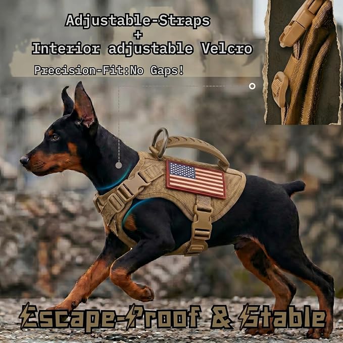 Tactical Dog Harness for Small Dogs, XS Puppy Harness with Handle, No Pull Adjustable Military Vest, Soft Chest Support Pad, D-Ring, Molle Loop Panels, 2 Patches, Khaki