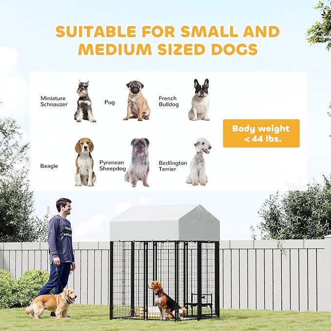 PawHut Outdoor Dog Kennel with Roof, 4' x 4' x 6' Heavy Duty Welded Wire Dog Playpen Enclosure with Escape-Proof Lock, UV-Resistant & Waterproof Cover, for Medium Dogs, Chickens, Ducks, Silver | Heavy Duty Welded Wire Dog Playpen Enclosure, Escape-proo...