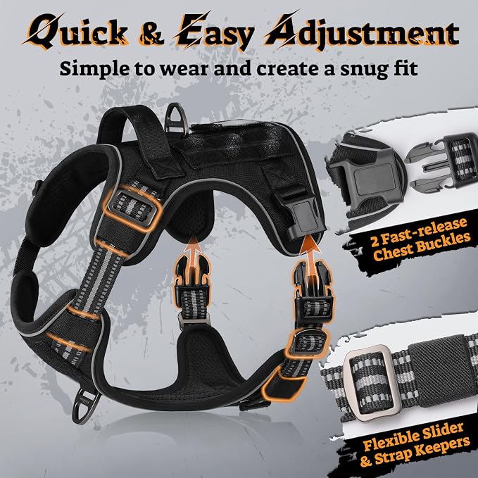 rabbitgoo Tactical Dog Harness for Large Dogs, No Pull Service Pet Vest | Military Molle System & Easy Control Handle, Adjustable and Reflective for Walking and Training, Black, Large