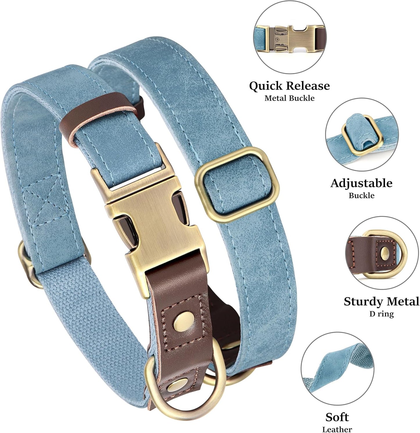 Didog Soft PU Leather Dog Collar for Large Dogs,Classic Adjustable Dog Collars with Quick Release Metal Buckle,Easy Clean and Comfortable with Nylon Lining,Denim Blue,L Neck 15-23"