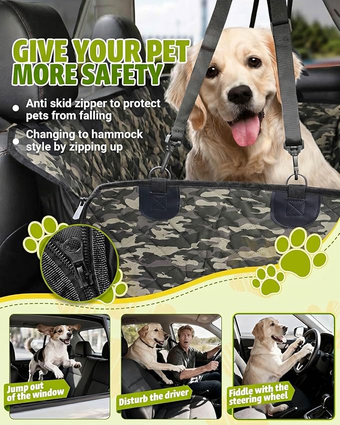 Dog Car Seat Cover, 600D Heavy Dute Car Seat Cover for Dogs Pets, 100% Waterproof Anti-Scratch Nonslip Dog Hammock for Cars, Seat Covers Protector with SeatBelt for Sedan SUV Truck Standard Camo