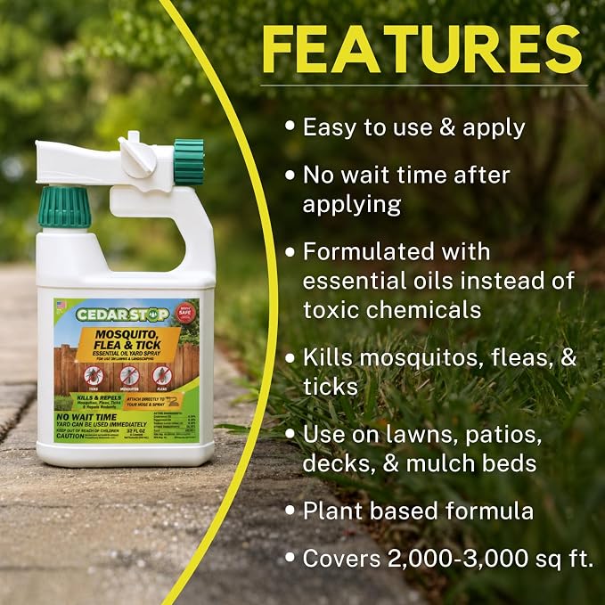 32 Ounce Essential Oil Yard Spray - Plant Based Flea, Tick and Mosquito Repellent Pest Control Spray Treatment and Insect Killer - Safe Around Kids, Pets, and Plants