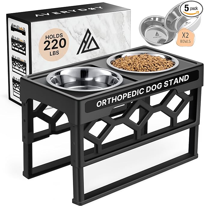 AVERYDAY Small Dog Bowls Elevated, 4 Height Adjustable Raised Dog Bowl Stand with 2 Stainless Steel Food and Water Bowls Set, Tall Dogs Feeding Station with Anti-Slip Base for Small Medium Breeds Dogs