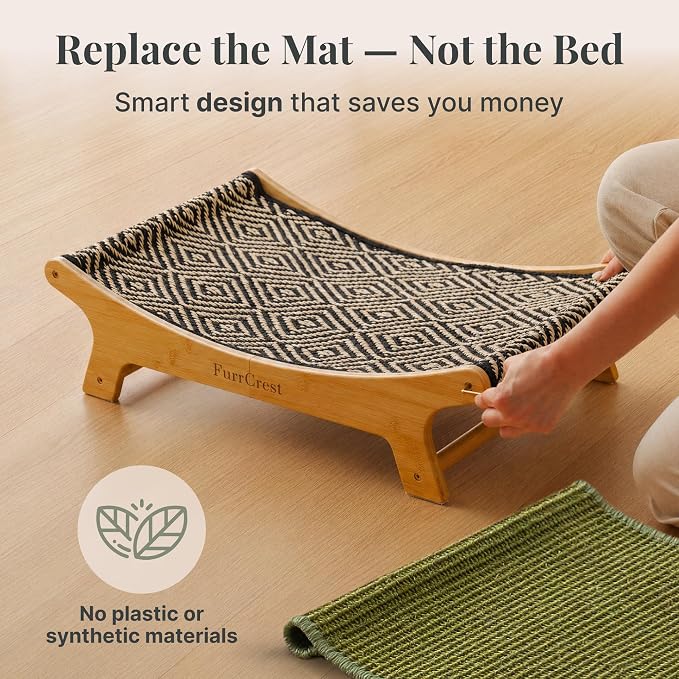 XL Sisal Cat Scratcher Bed with Elevated Hammock for Indoor Cats, Replaceable Natural Sisal Pad, Large Cat Lounge, Anti-Slip No-Wobble Bamboo Frame, Olive Green