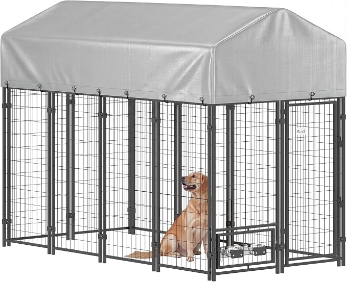 PawHut 8' x 4' x 6' Dog Kennel Outside Welded Wire for Large Breeds Silver | Outdoor Dog Kennel Run, 360° Rotating Bowls, Waterproof & UV Resistant Cover, for Chickens, Ducks