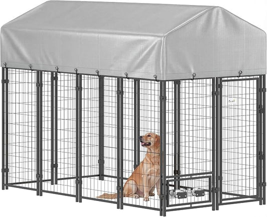 PawHut 8' x 4' x 6' Dog Kennel Outside Welded Wire for Large Breeds Silver | Outdoor Dog Kennel Run, 360° Rotating Bowls, Waterproof & UV Resistant Cover, for Chickens, Ducks