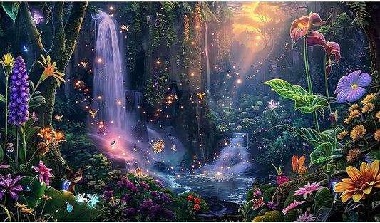 Fantasy Garden Aquarium Background Sunset Waterfall and Flowers Terrarium Backdrop Tropical Forest Lush Plant Magic Butterfly Lights Flowers Fish Tank Background Poster Decorations 30x12in