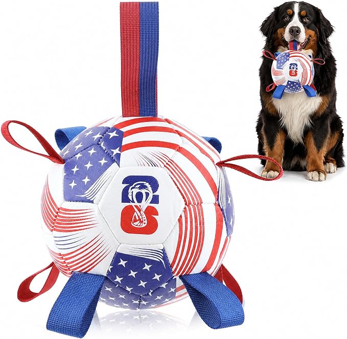 Dog Toys Balls, Dog Soccer Ball with Straps, Dog Birthday Gifts, Durable Balls for Small Medium Pet, Puppy Outdoor Toy, Pet Training Soccer Ball, World Cup Soccer (7.25 Inch) (U.S.A, Large)