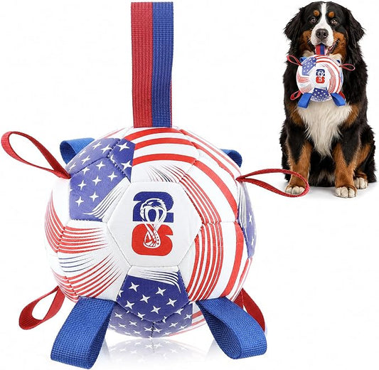 Dog Toys Balls, Dog Soccer Ball with Straps, Dog Birthday Gifts, Durable Balls for Small Medium Pet, Puppy Outdoor Toy, Pet Training Soccer Ball, World Cup Soccer (7.25 Inch) (U.S.A, Large)
