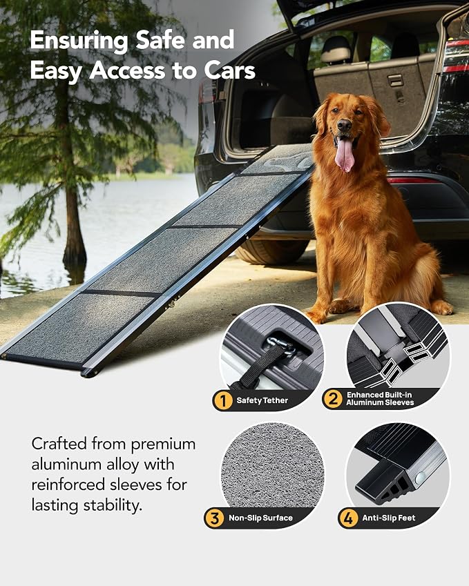 Dog Ramp for Cars, 63" L × 19.7" W, Lightweight Extra-Wide Foldable | Extra-Wide for a Safer Climb, Lightweight for Easy Transport, Non-Slip Rug Surface, 250-lb Capacity
